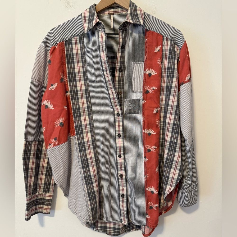 Free People Distressed Patchwork Shirt XS - Picture 2 of 9